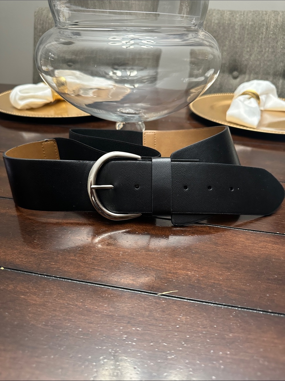 Wide Black Women's Waist Belt with Rounded Silver Buckle